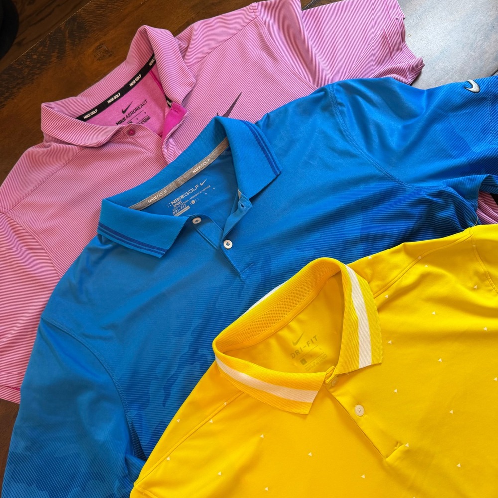Nike Golf Polo Shirt Lot 3 Mens Large AeroReact Dri-FIT Blue Pink‎ Yellow Camo